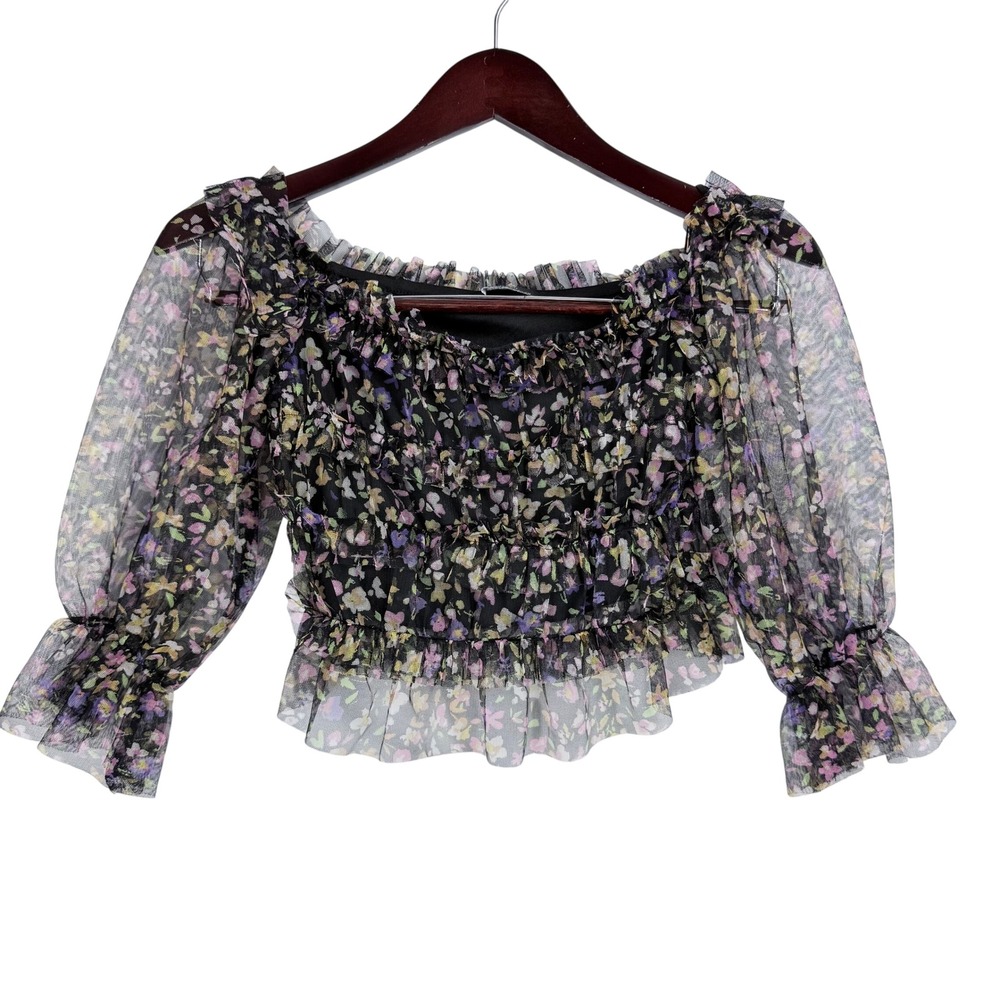 Bershka Floral Mesh Crop Top Womens Medium Smocked Ruffle Cottagecore‎ Fairycore